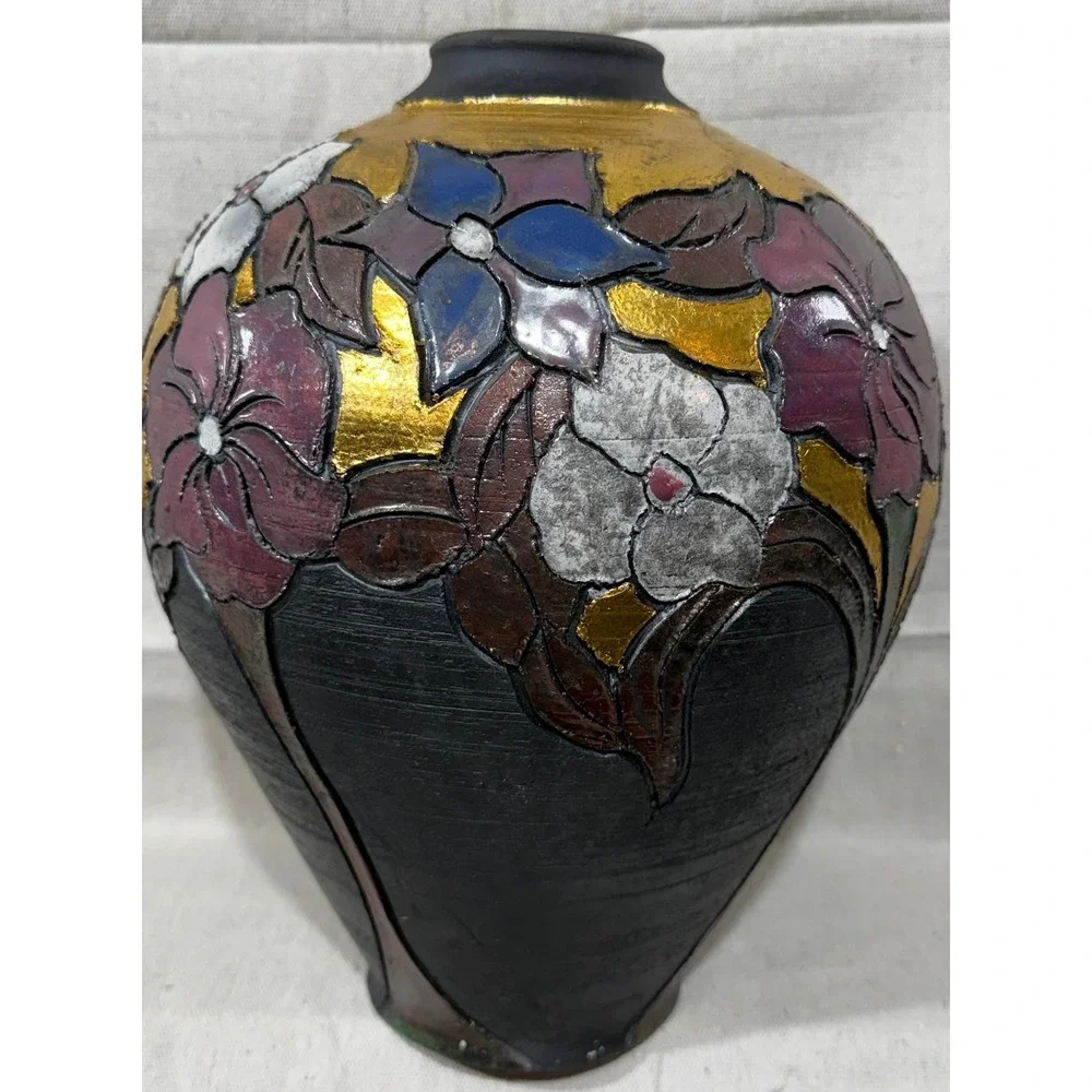 Vintage Studio Art Pottery Floral Vase Gold Leaf Textured Black Clay 12 Inch